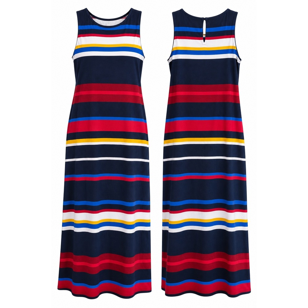 LOFT Womens XL Multi Color Striped Sleeveless Knit Maxi Dress Navy Blue Red